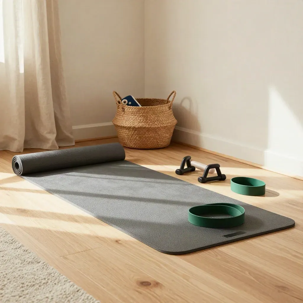 Home workout corner with mat, dumbbells, push-up handles and a toy set neatly aside in daylight.