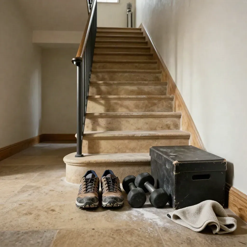 Trail shoes, dumbbells and a plyo box beside stairs in a terraced-house hall