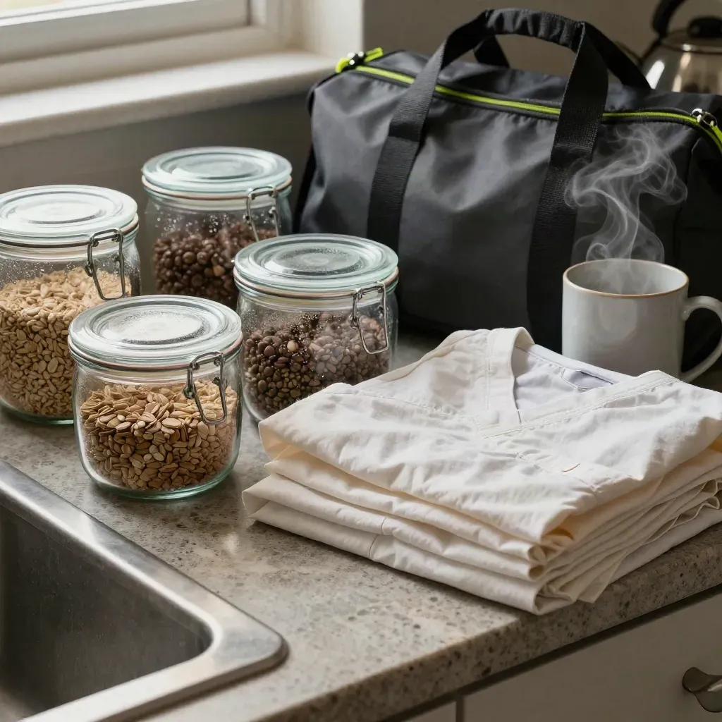 Steam rises over meal prep containers, scrubs, and a gym bag on a night-shift kitchen counter.
