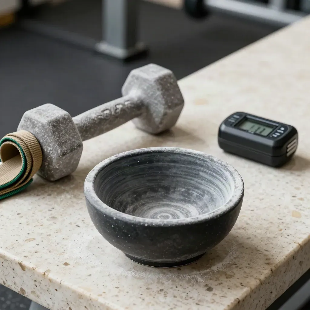 Macro chalked dumbbell knurl, lifting straps, chalk bowl and timer on travertine.