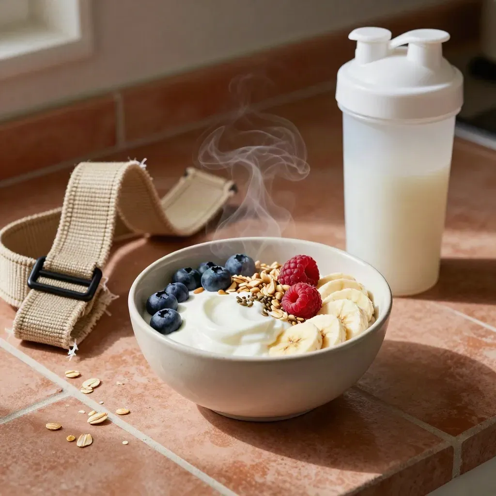 Recovery yogurt bowl beside lifting straps and a shaker bottle on a terracotta kitchen counter.