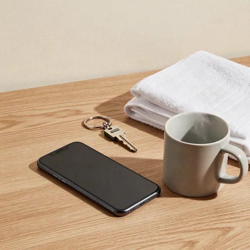 Face-down phone, keyring, folded towel, and mug on oak in soft morning light.