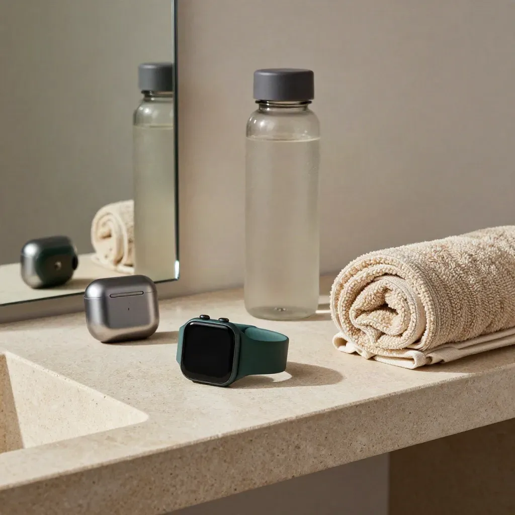 Smartwatch, earbuds case, water bottle and rolled towel on a stone shelf by a mirror edge